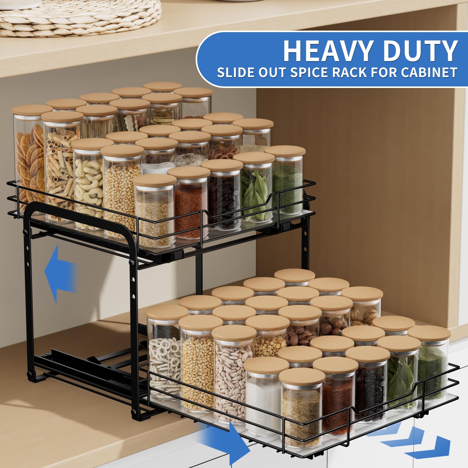 AIRUJIA Pull Out Cabinet Organizer - Height Adjustable 2-Tier Spice Rack, Heavy Duty Metal, Kitchen Storage Shelf for Inside Cupboard,