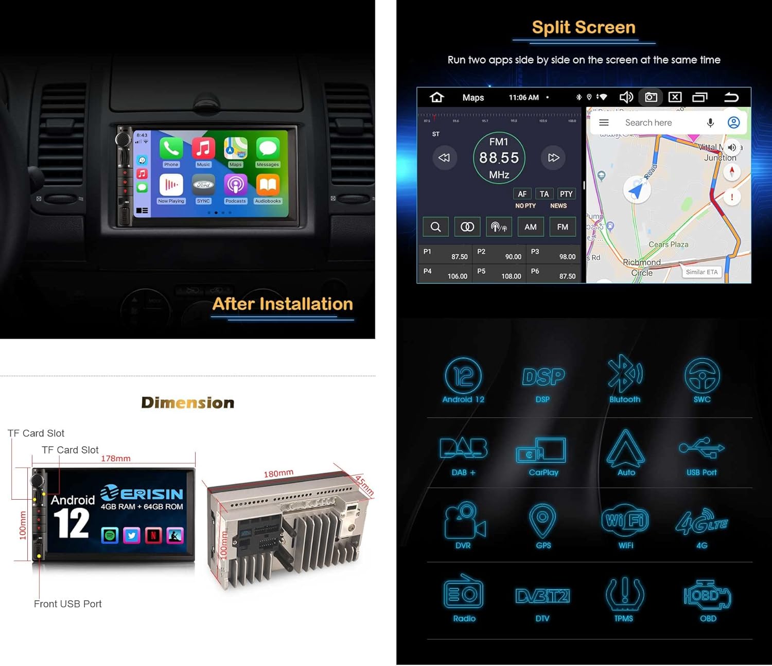 8-Core 4GB RAM 64GB ROM Double Din Android 12 Car Stereo Sat Nav Head Unit Wireless CarPlay Wired Android Auto DAB+ Car Radio Bluetooth DSP WIFI 4G GPS OBD2 TPMS DVR USB RDS