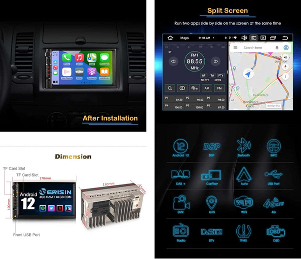 8-Core 4GB RAM 64GB ROM Double Din Android 12 Car Stereo Sat Nav Head Unit Wireless CarPlay Wired Android Auto DAB+ Car Radio Bluetooth DSP WIFI 4G GPS OBD2 TPMS DVR USB RDS