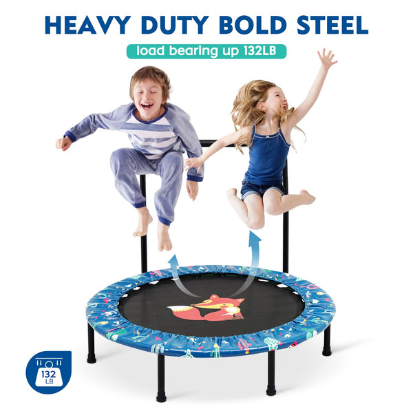 38'' Kids Mini Trampoline Foldable Fitness Body Exercise Rebounder with Foam Handle Safety Padded Cover Round Trampoline Folding Bungee Indoor Outdoor