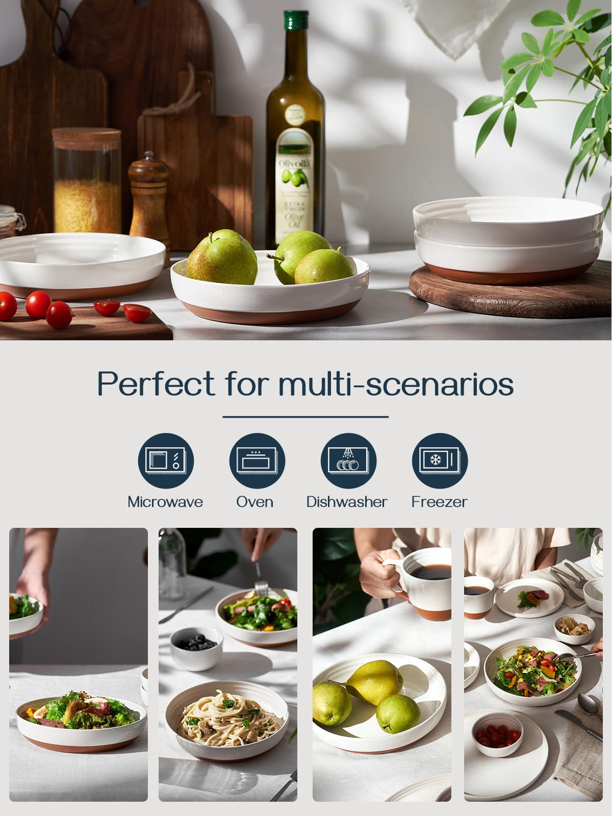 DOWAN Pasta Bowl Set of 4, Large Salad Bowls,  21.5 cm Porcelain Serving Plates, Soup Bowls, Wide and Shallow Ceramic Bowl for Kitchen, Pasta, Salad,