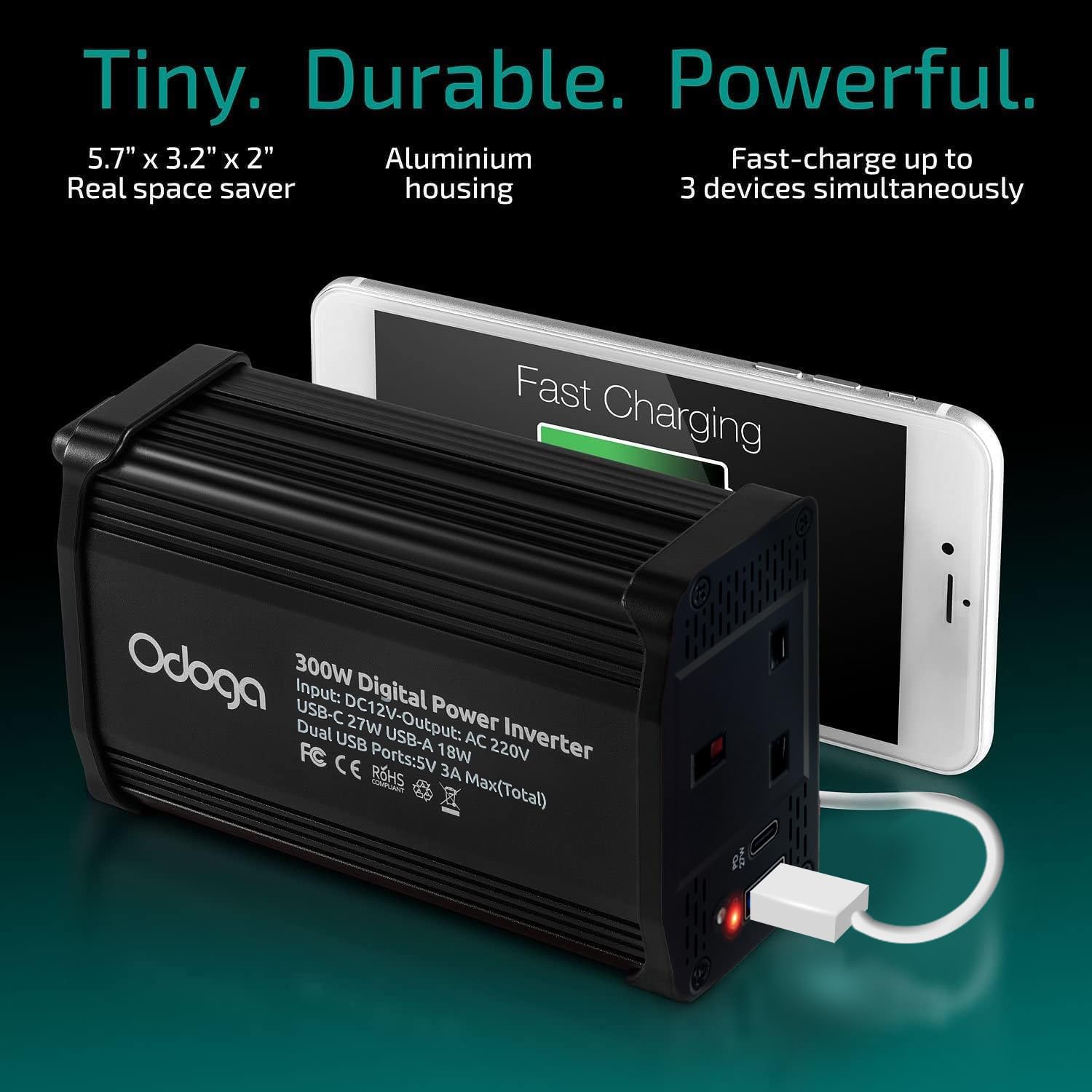Odoga 300W Car Power Inverter 12V to 240V / 230V Converter, USB-A and USB-C 3A Charging Ports - Charge Your Laptop, iPad, iPhone, Tablet, Consoles & More - Durable and Powerful - Black Aluminum Body