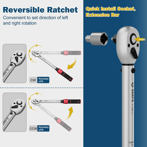 VANPO Torque Wrench 3/8” Drive, 5-60 NM, ±3% Accuracy, 72 Tooth Click Torque Wrench Set with 3/8 to 1/4 Adapter, 125 mm Extension Bar for Bike and Motorcycle, Car Spark