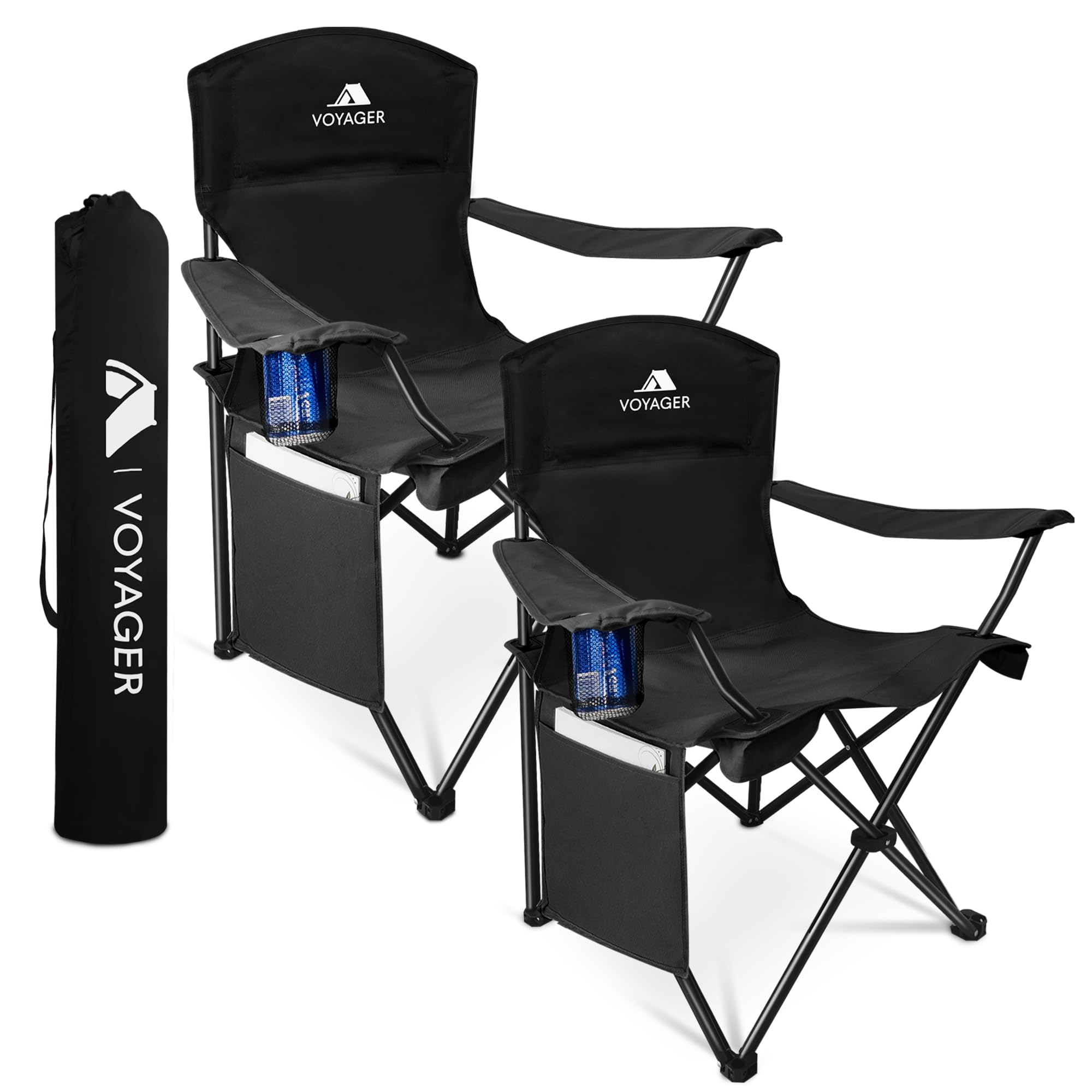 Voyager Folding Camping Chairs 2 Pack with Cooler Bag, Lightweight Q195 Steel Frame, 600D Oxford Fabric, Portable & Comfortable - Black (Black, Padded)