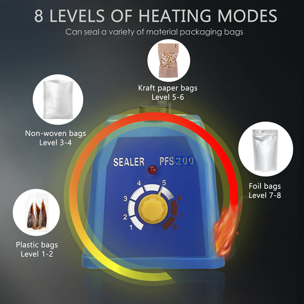 Heat Sealer, Impulse Plastic Bag Sealer, Manual Seal Food Packing Machine, Heat Sealing Applicable with Replacement Kit, Metal/ABS 350W (Blue, 8")