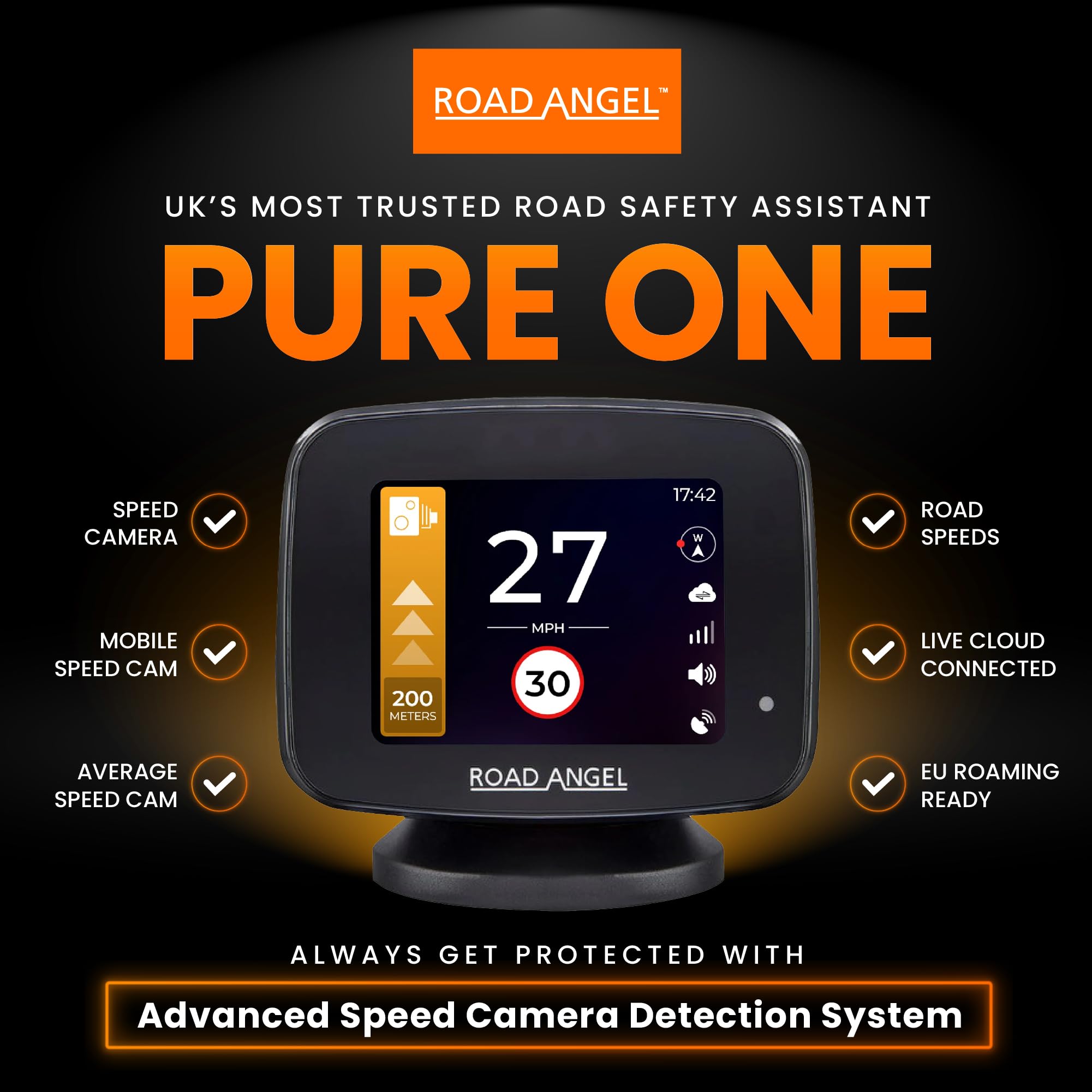 Road Angel Pure One Advanced Speed Camera Detection & Alert System for Car Van Camper RV