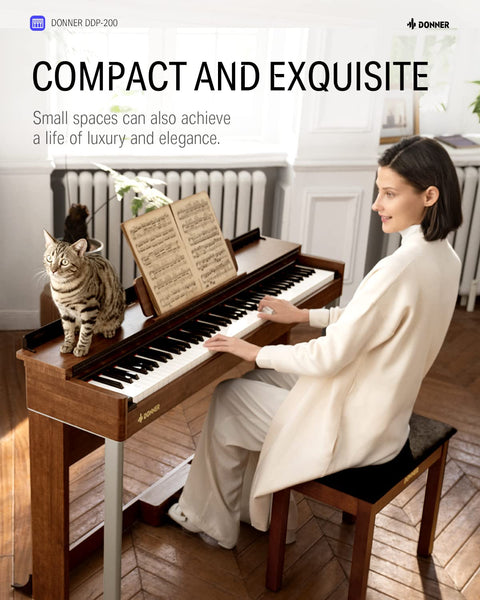 Donner Digital Piano 88 Key Weighted DDP-100 88-Key Weighted Action Digital Piano, Beginner keyboard piano Bundle with Furniture Stand, Power Adapter, White