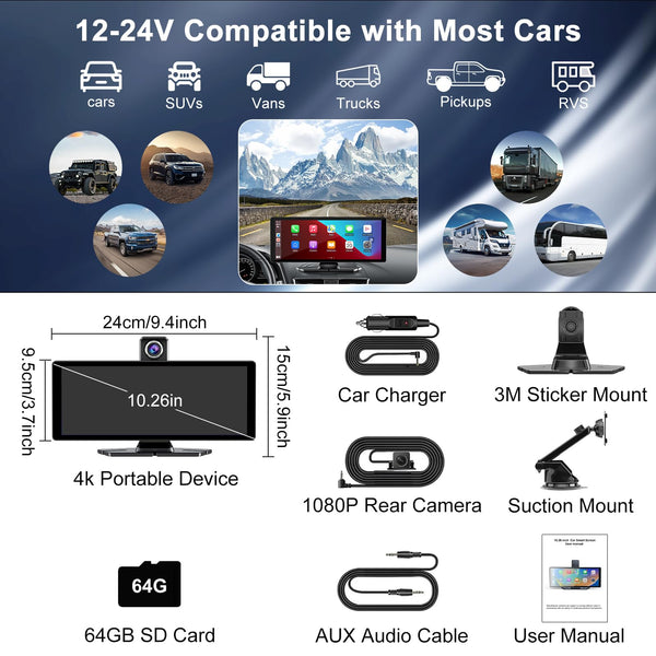 10.26" Wireless Car Stereo for Apple Carplay & Android Auto with 1080P Backup Camera, Touchscreen Car Play Screen with GPS Navigation & Voice Control, Mirror Link,Dual Bluetooth,FM Transmission,AUX