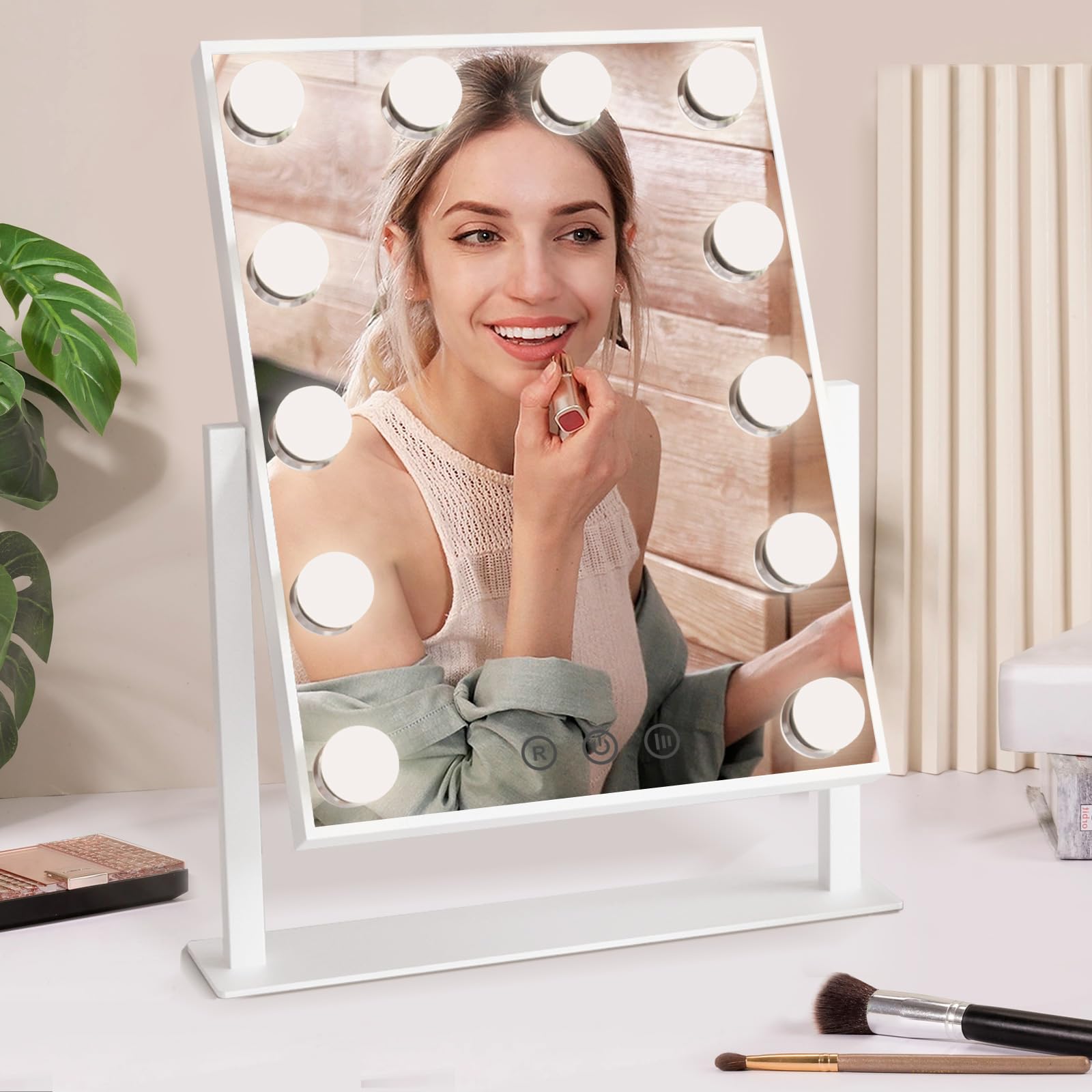 FUNTOUCH Hollywood Makeup Mirror with 12 LED Dimmable Bulbs Lights, Make up Mirror with 3 Color Lighting, Tabletop Smart Touch Vanity Mirror with