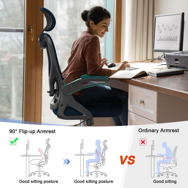 Office Chair - Ergonomic Desk Chair with Lumbar Support Headrest Adjustable, Padded Flip-up Armrests Comfy Seat Cushion High Back Executive Manager Chair For Home Office