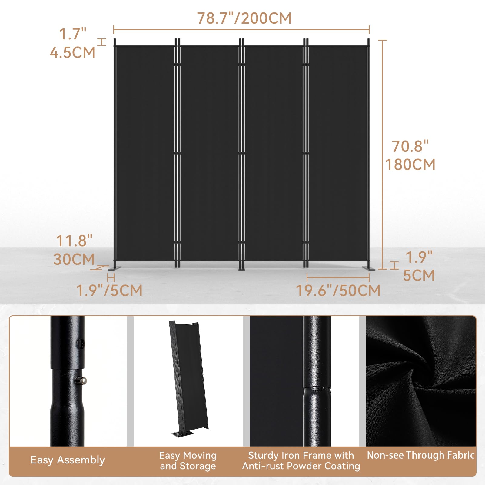C-Hopetree 6 Panels Room Divider, 180cm Tall Indoor Folding Privacy Screen, Portable Partition Separator, Freestanding Separation Temporary Wall for Office, Bedroom, 304cm W X 180cm H, Black