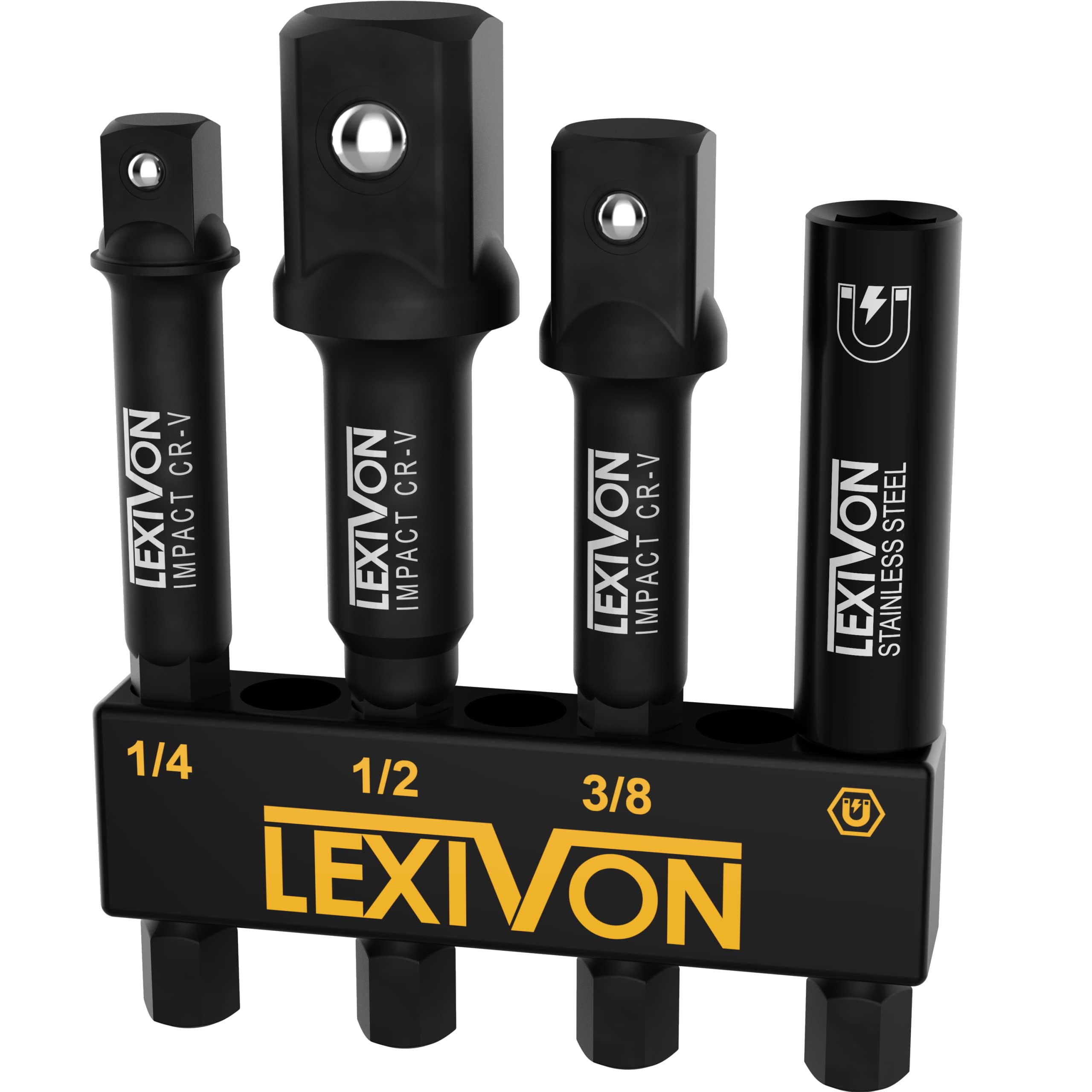 LEXIVON Impact Grade Socket Adapter Set, 3" Extension Bit with Holder | 3-Piece 1/4", 3/8", and 1/2" Drive, Adapt Your Power Drill to High Torque Impact Wrench (LX-101)