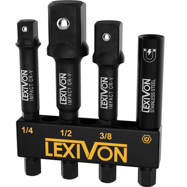 LEXIVON Impact Grade Socket Adapter Set, 3" Extension Bit with Holder | 3-Piece 1/4", 3/8", and 1/2" Drive, Adapt Your Power Drill to High Torque Impact Wrench (LX-101)