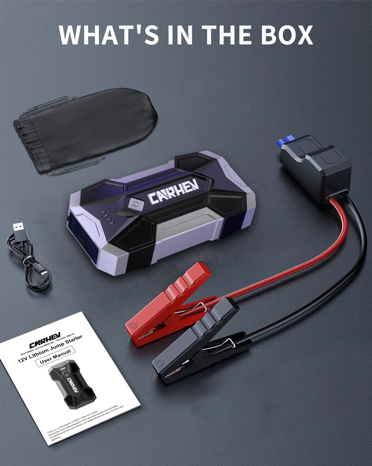 CARHEV 4500A Jump Starter Power Pack, 12V Car Battery Booster Jump Starter Power Bank (up to 8.0L Gas or 8.0L Diesel Engine), Portable Car Starter with LED Flashlight, Jump Pack with Jump Leads