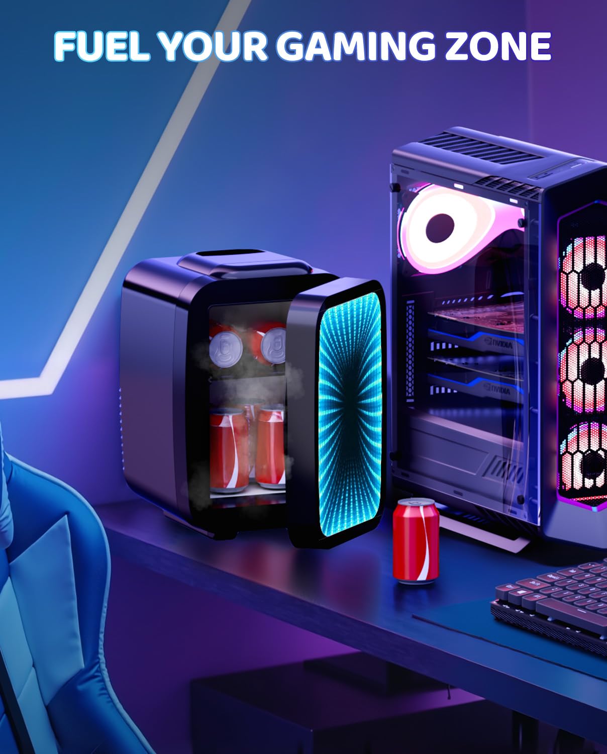 LIGIANT MF01C Mini Fridge, 7 Light Modes Including Flashing Marquee, Quiet Cooling & Warming Function, AC/DC Power, 4 L/6 Cans Capacity, Small Refrigerator for Gaming Room, Bedroom, Office and Car