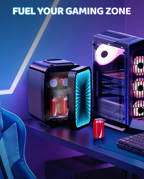 LIGIANT MF01C Mini Fridge, 7 Light Modes Including Flashing Marquee, Quiet Cooling & Warming Function, AC/DC Power, 4 L/6 Cans Capacity, Small Refrigerator for Gaming Room, Bedroom, Office and Car