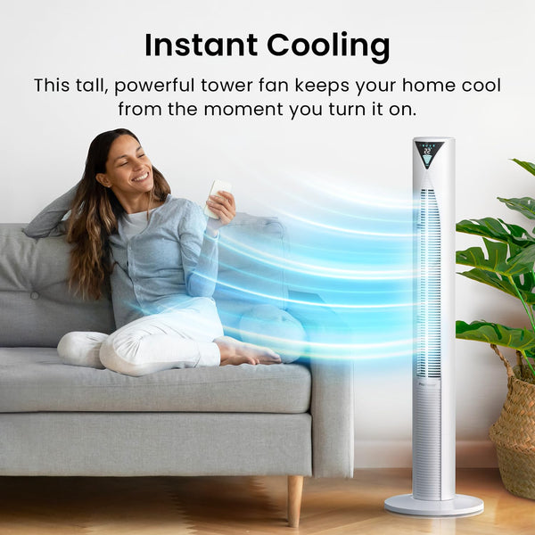 Pro Breeze Bladeless Tower Fan Quiet & Portable with Remote Control, 90° Oscillation, 15h Timer, 4 Modes, 3 Speeds - Powerful Electric 45W Motor Standing Air Circulator for Bedroom & Office
