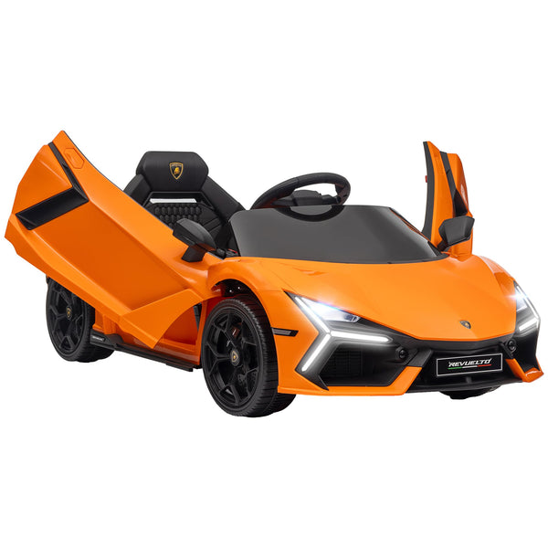 AIYAPLAY Lamborghini Revuelto Licensed Kid Electric Car, 12V Kids Electric Ride On with Butterfly Doors, Suspension, Remote Control, LED Lights, Horn, USB, MP3 for 3-5 Years, Orange