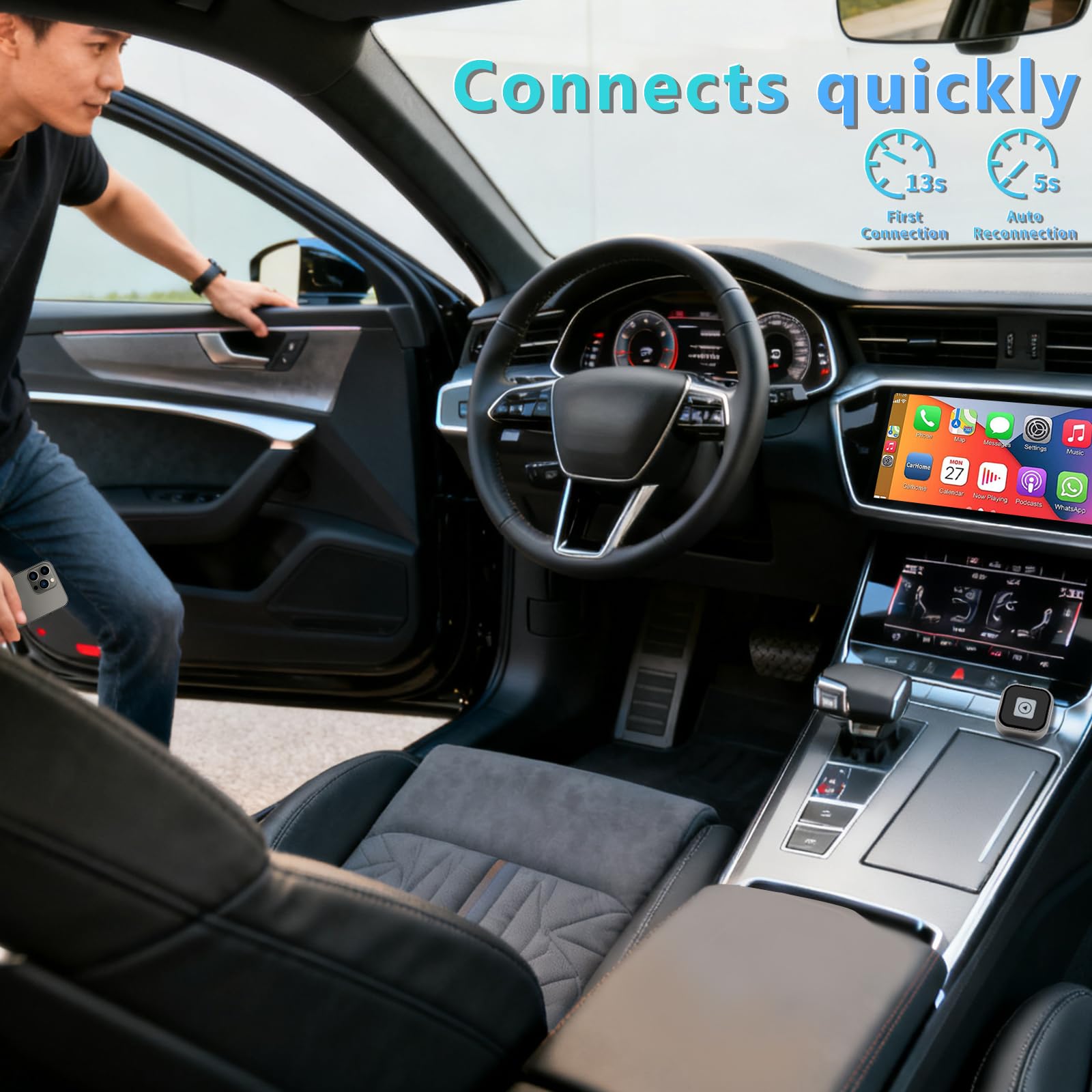 Wireless Carplay Adapter (2025 Upgrade),Plug and Play Convert Wired to Wireless Bluetooth Carplay Adapter Compatible with iPhone iOS 10+,- No Latency