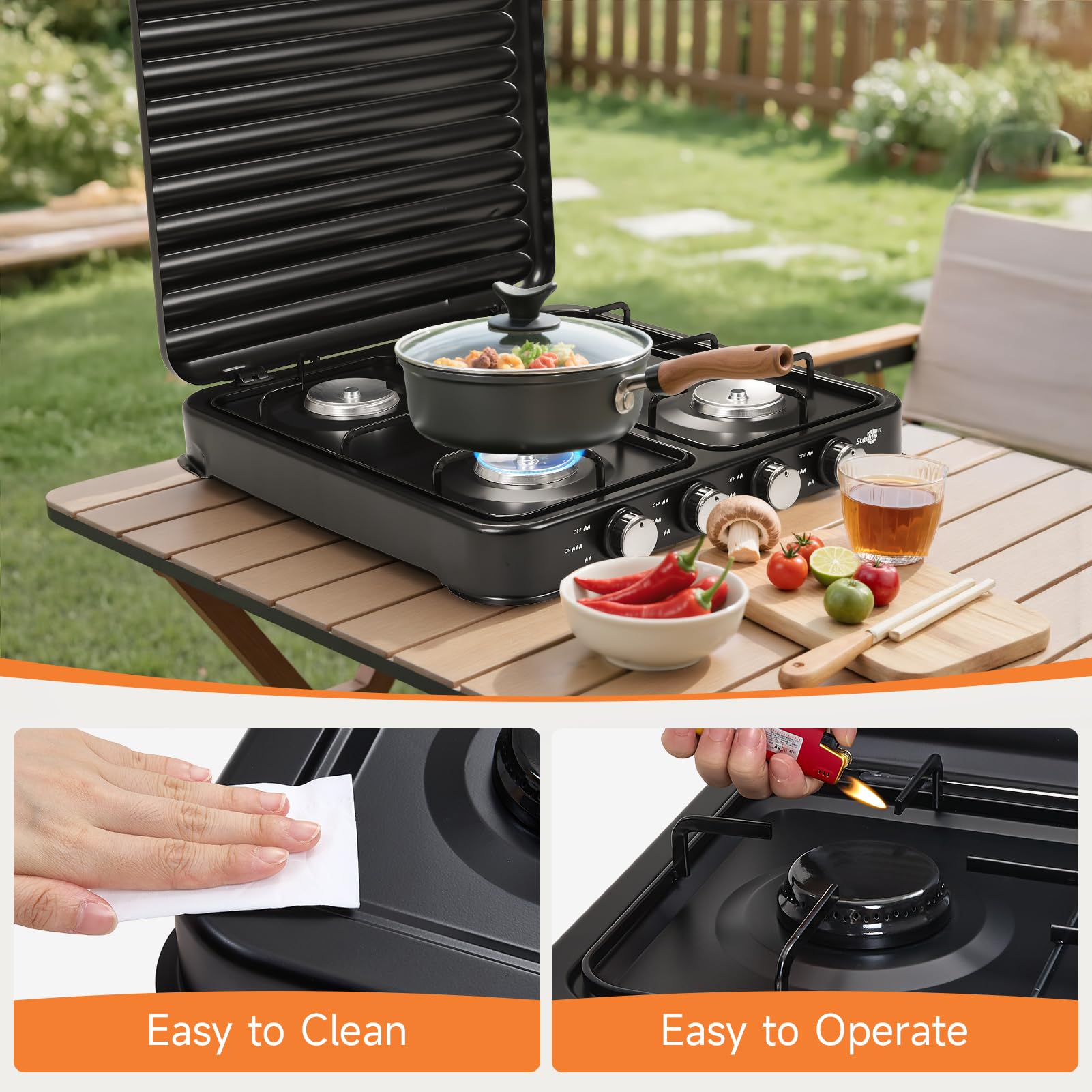 Warmiehomy Camping Gas Stove, Single Burner Portable Gas Stove, 2200W Gas Hob Cooker with Lid, Propane Camp Stoves for Camping, Garden, Travel, Outdoor Cooking