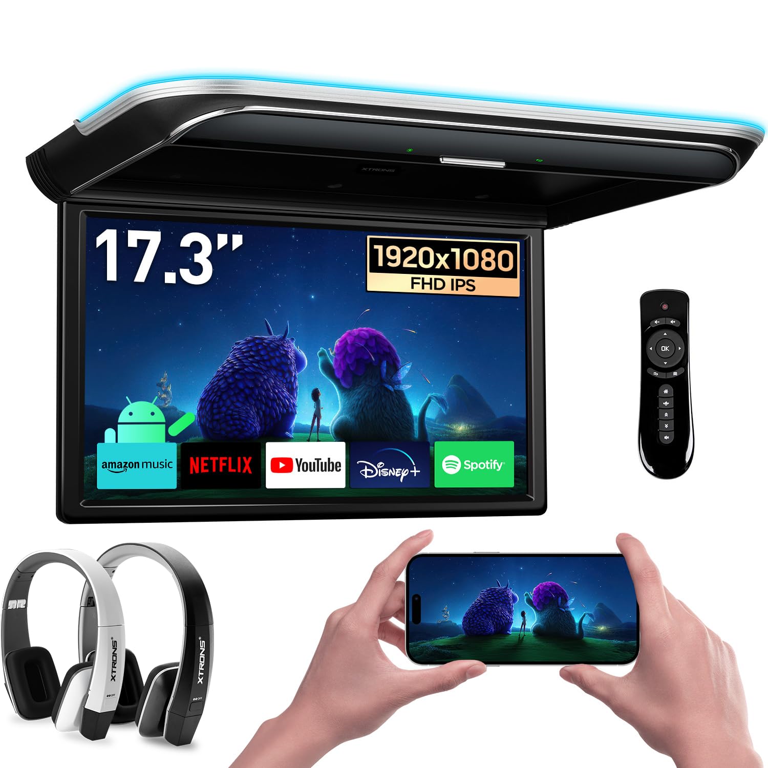 XTRONS 17.3-inch FHD Android 9.0 Car Overhead Flip Down Mount Monitor 8K 1080P IPS Screen Octa-core Car Roof Multimedia Player Car Video With Superior Sound and Screen Mirroring Support HDMI/USB/AV/IR