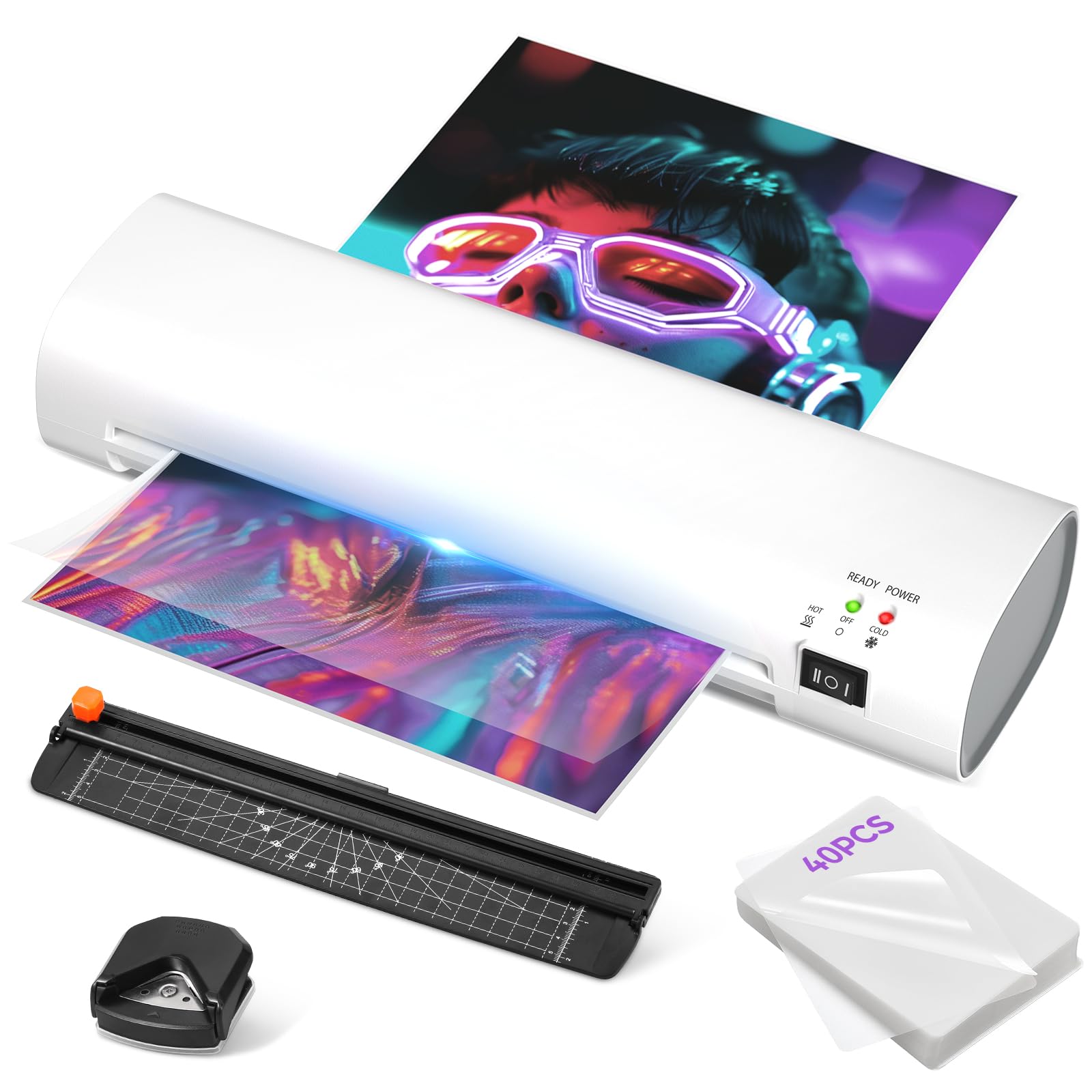 A4 Laminator Machine with 40 Laminating Pouches, Paper Trimmer, Corner Rounder, Thermal Laminator Hot and Cold Modus ABS Jam Release 80-125Micron 280mm/min for Home Office School Studio Bar