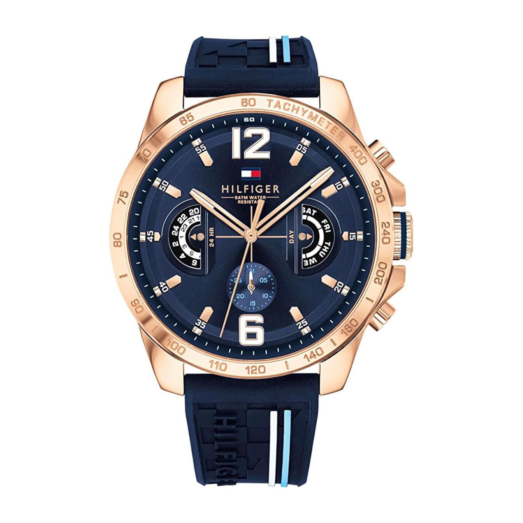 Tommy Hilfiger Analogue Multifunction Quartz Watch for Men with Silicone, Stainless Steel or Leather Bracelet, Day & Date Sub-Dials, 5ATM Water Resistant