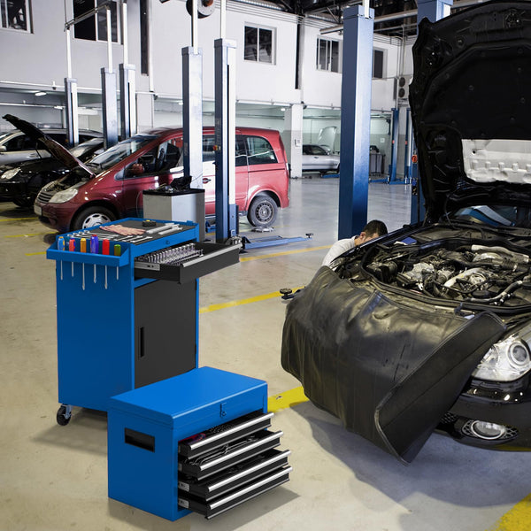 COSTWAY Large Rolling Tool Cabinet, 2-in-1 Detachable Metal Tool Chest with Drawers, Wheel, Handle, Hooks & Pegboard, Lockable Tool Box Trolley for Garage Workshop (with Middle Compartment, Black)