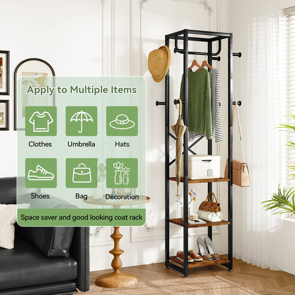 IBUYKE Coat Rack, Freestanding Coat Stand with 3 Shelves and 8 Hooks, Industrial Clothes Stand for Entryway, Hallway, Bedroom, 180 x 40 x 30 cm,