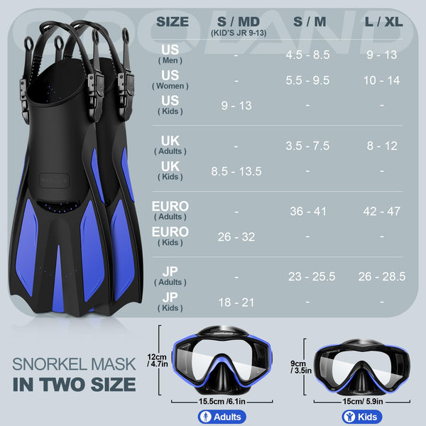 Odoland Snorkel Set with Diving Mask and Swim Fins, Wide View Dry Top Scuba and Flippers, Anti-Fog Anti-Leak Snorkeling Gear for Men Women Adult and