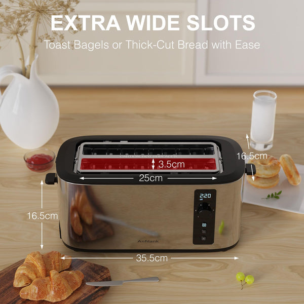 Anfilank Toaster 4 Slice, Countdown Timer, 6 Browning Settings, Built-in Warming Rack, Defrost/Reheat/Cancel Functions, Removable Crumb Tray,