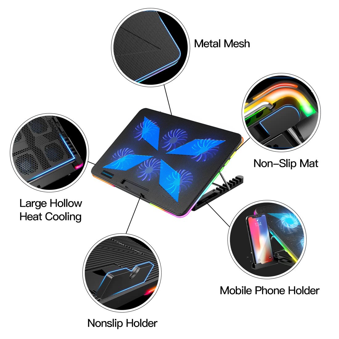 LIANGSTAR Laptop Cooling Pad, Laptop Cooler with 6 Quiet Fans at 2100RPM, Laptop Stand with Phone Holder, 7 Heights Adjustable & USB Powered, suitable for 12-17 Inch, Blue