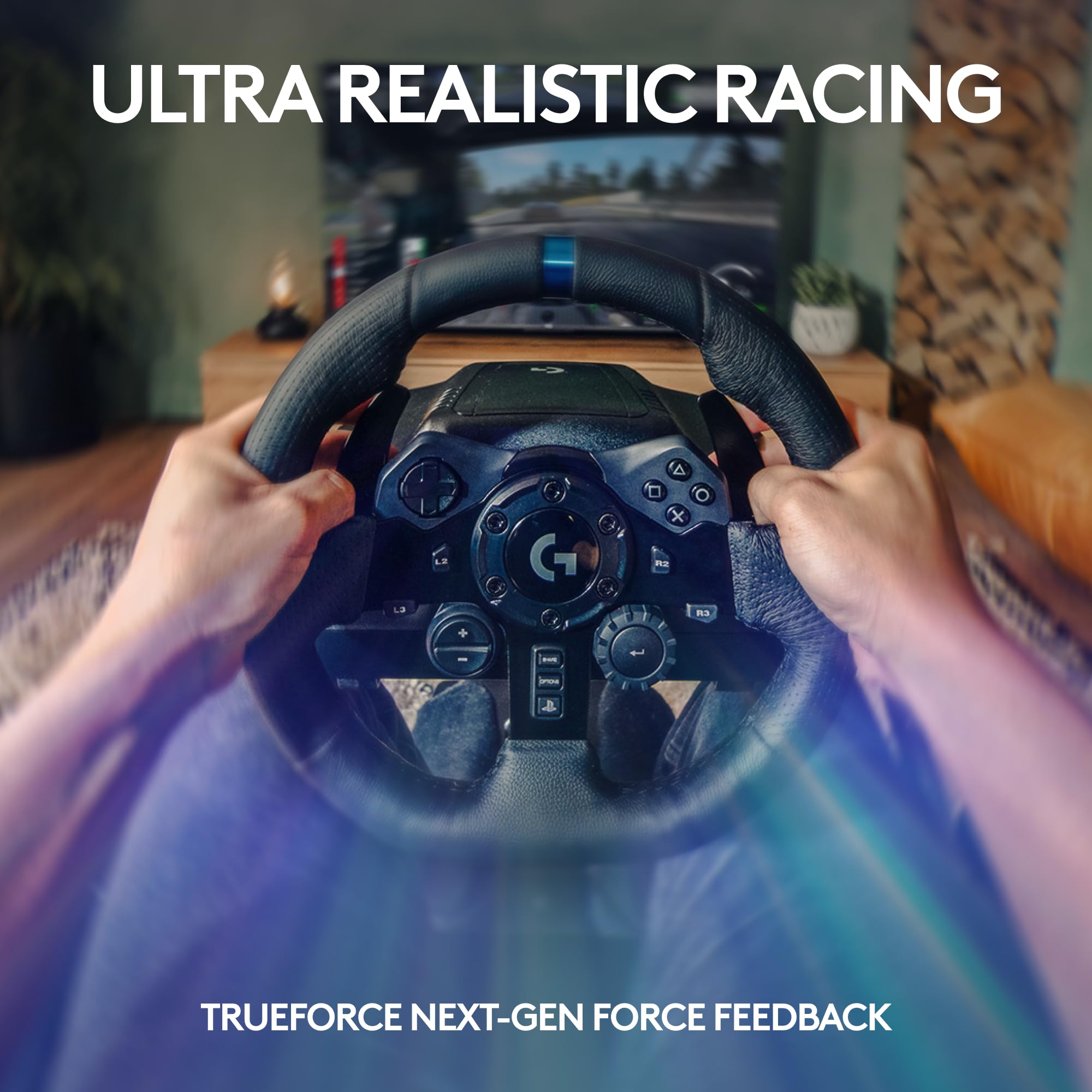 Logitech G G923 Racing Wheel and Pedals, TRUEFORCE up to 1000 Hz Force Feedback, Responsive Driving Design, Dual Clutch Launch Control, Genuine Leather Wheel Cover, for PS5, PS4, PC, Mac - Black