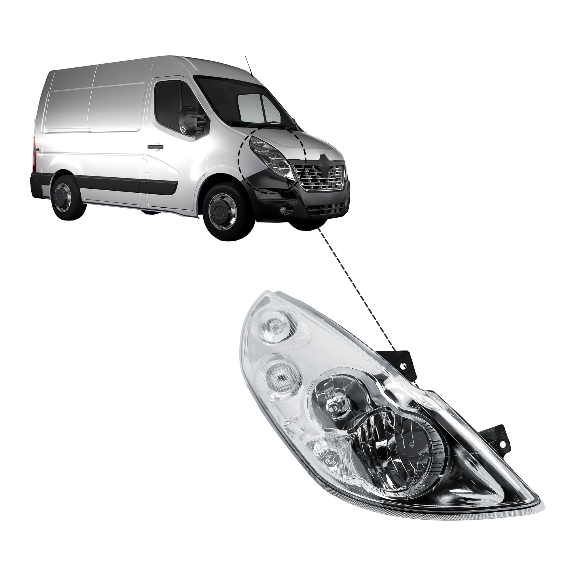 Replacement Driver Right Side O/S Headlight Head Lamp Electric Adjustment with Motor No Fog Light for Renault Master Vauxhall Movano 2010-2019