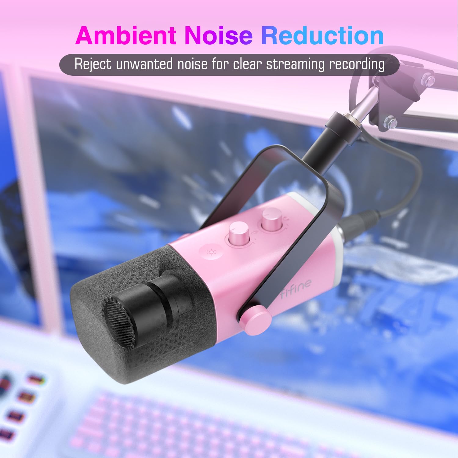 FIFINE XLR/USB Gaming Microphone, Studio Dynamic Streaming Mic, Computer Desktop Stand Microphone for Podcast, VoiceOver, Recording, with RGB, Mute, Monitoring Headphone Jack, Gain Knob, Black-AM8