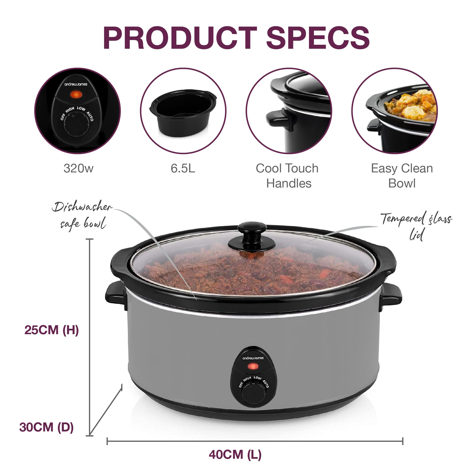 Andrew James 6.5L Slow Cooker with Removeable Easy Clean Ceramic Bowl, 3 Temperature Settings, Energy Efficient Large Slow Cooker with Tempered Glass Lid, Cool Touch Handles & Non-Slip Feet (Grey)