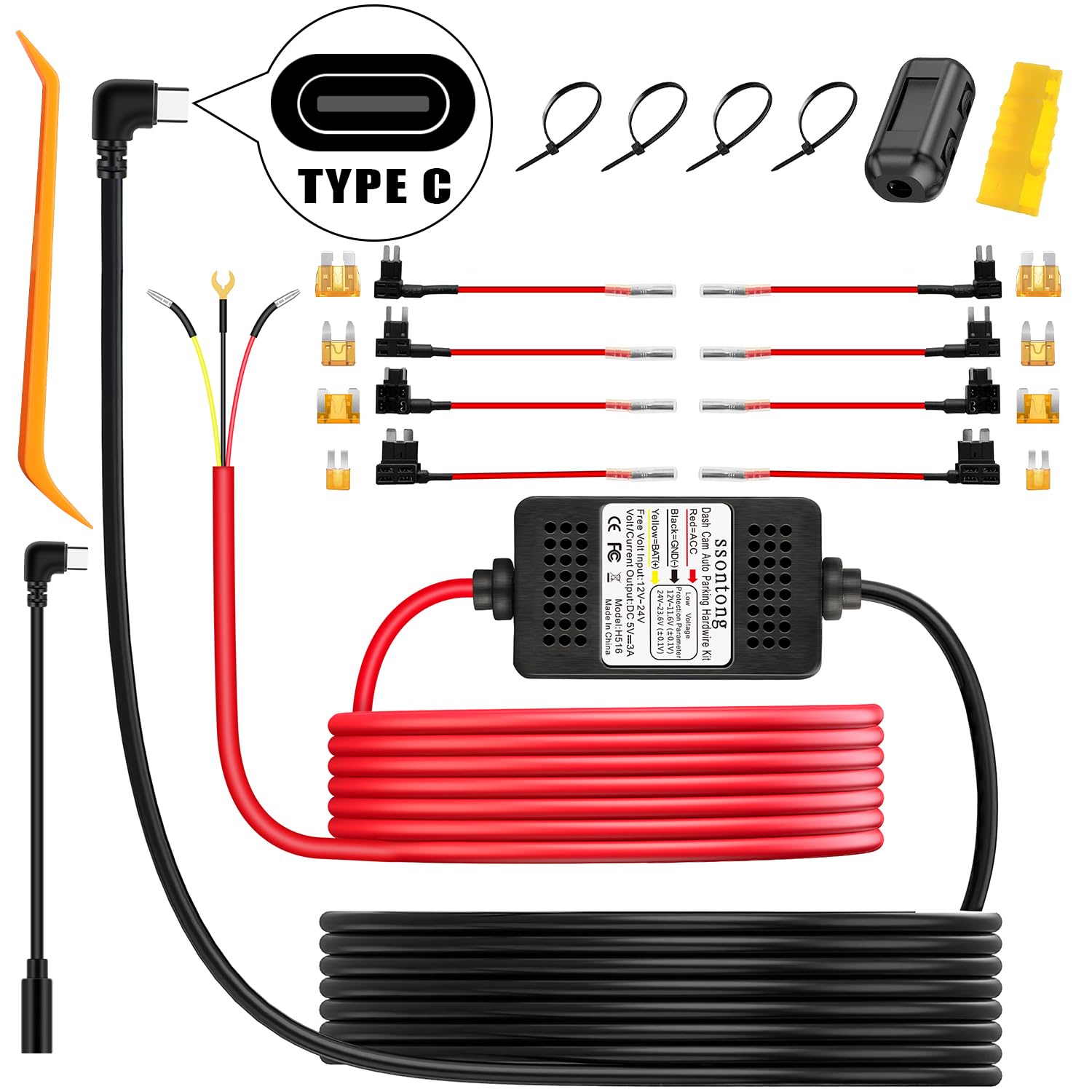 Upgraded Dash Cam Hardwire Kit, Type-C USB Hard Wire Kit 12V-24V to 5V Hardwire Kit with Low Voltage Protection 13ft Dash Cam Charger Power Cord for Dashcam GPS Power Supply Radar Detectors and More