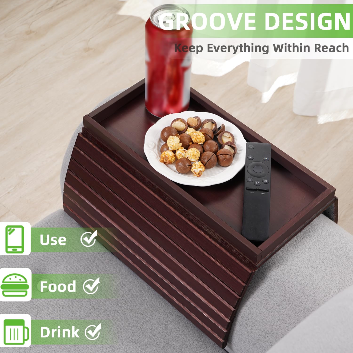 GEHE Natural Bamboo Sofa Arm Tray Table for Couch, Armrest Anti-Slip Cup Holder for Snacks, Phone, Control, Cups - Flexible, Foldable, Mahogany