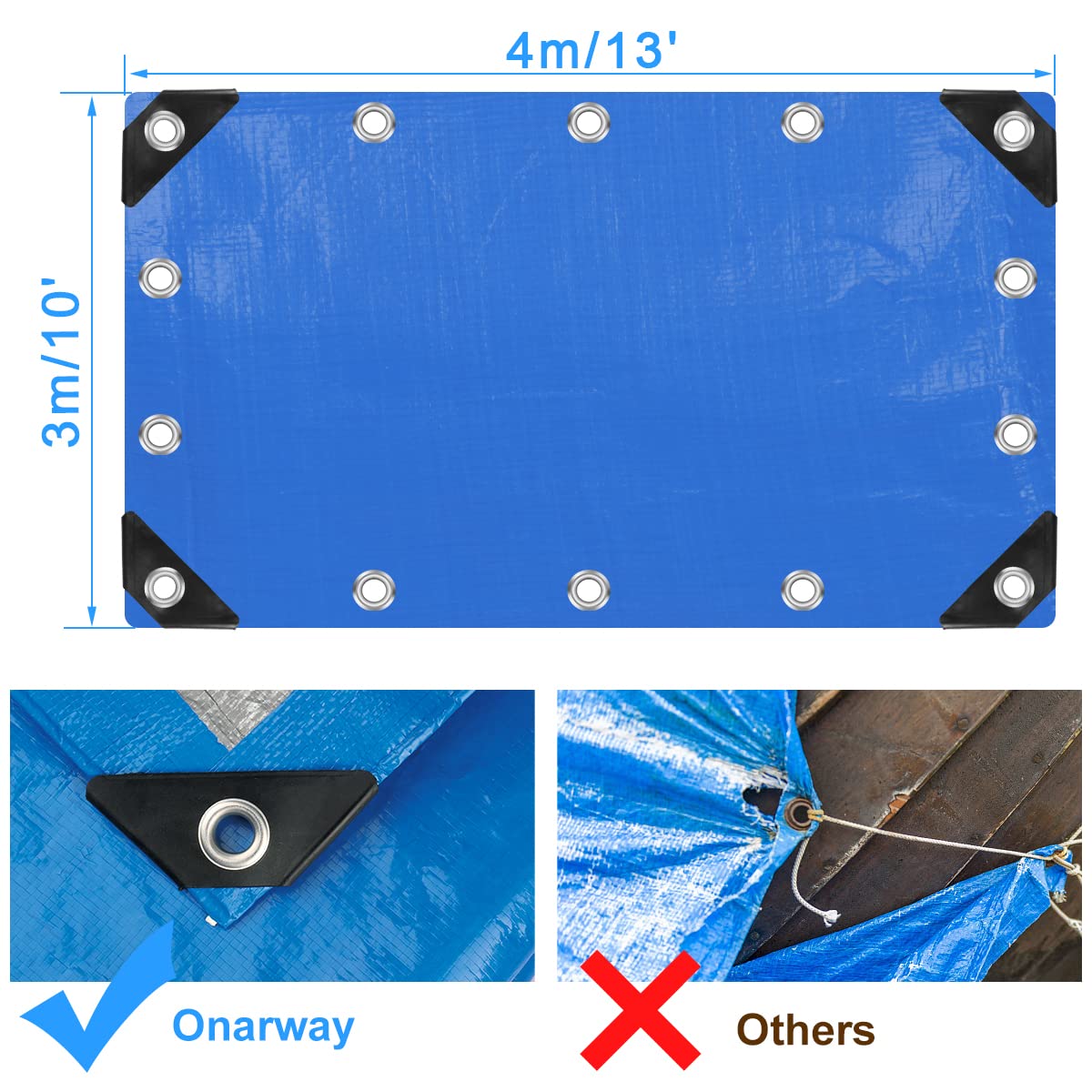 Onarway Tarpaulin 3m x 4m Thicken Tarpaulin Waterproof Heavy Duty 110GSM with Reinforced Grommets, Tarp Sheet Cover for Multipurpose Outdoor Use, Blue