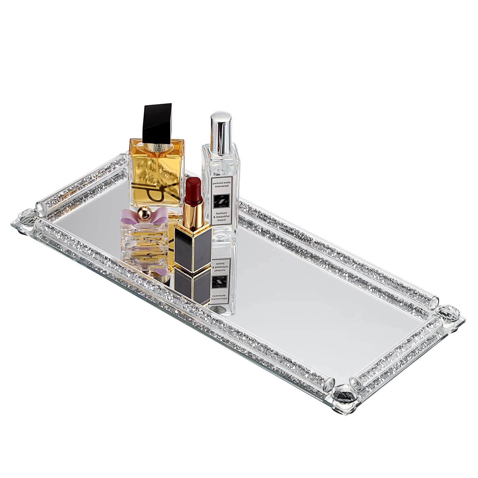 BTSKY 35 * 15CM Glass Mirrored Tray with Crushed Diamonds Frame - Rectangle Decorative display Tray Crystal Vanity Tray for cosmetic perfume and
