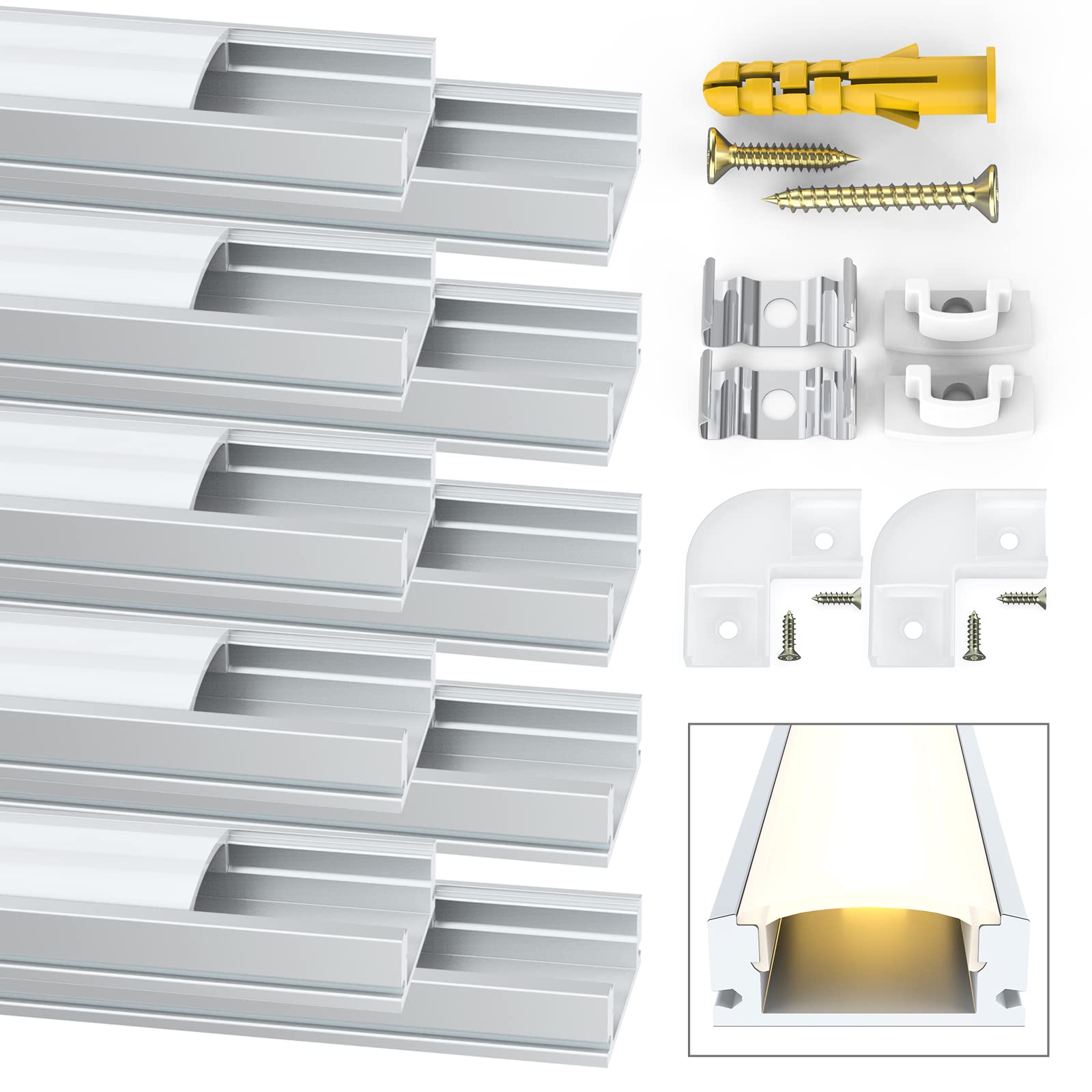 Jirvyuk Led Channel, 10 Pack 1m/3.3ft Led Profile Strip, Led Aluminum Channel and Diffuser for LED Strip Lights with Milky White Cover, End Caps,