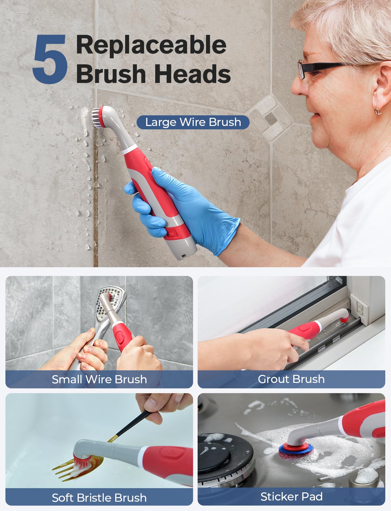 PureSwirlz Electric Cleaning Brush, Battery Operated Power Scrubber with 5 Brush Heads, Stainless Steel Wire Brush, Tile Grout Cleaner Shower Crevice Cleaning Brush for Tile Corner Grout Tight Space