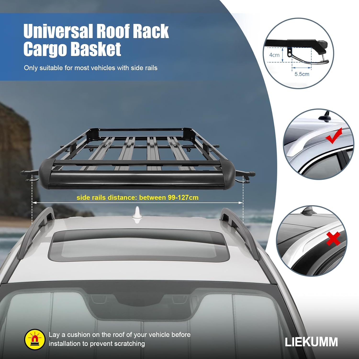 LIEKUMM 127 x 97 cm Roof Rack, 100 kg Load Capacity Aluminium Roof Rack Basket Rail Carrier, Car Roof Rack Cargo Rail Carrier Universal Luggage Basket for Universal SUV, Black