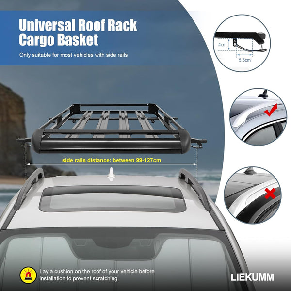 LIEKUMM 127 x 97 cm Roof Rack, 100 kg Load Capacity Aluminium Roof Rack Basket Rail Carrier, Car Roof Rack Cargo Rail Carrier Universal Luggage Basket for Universal SUV, Black