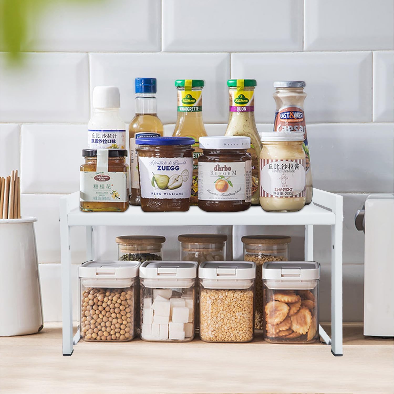 Goodsnetic 2 Packs Expandable Cabinet Shelf 13.8~26"(L), Stackable Kitchen Counter Shelf Organizer, 33LBS Heavy Duty Shelf Riser, Countertop Storage