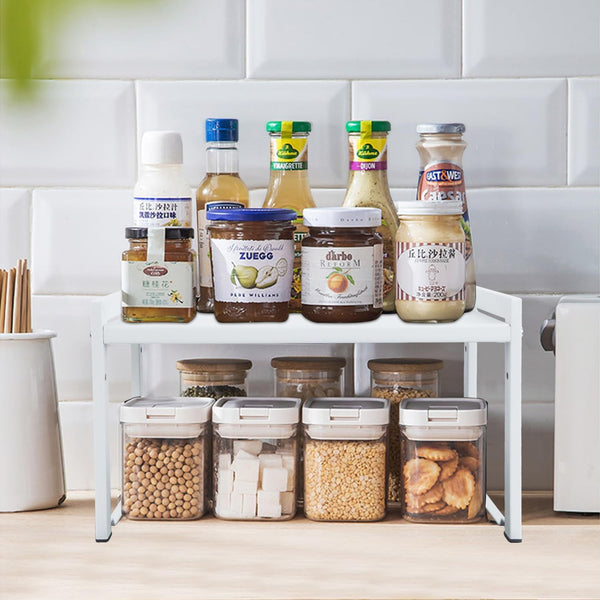 Goodsnetic 2 Packs Expandable Cabinet Shelf 13.8~26"(L), Stackable Kitchen Counter Shelf Organizer, 33LBS Heavy Duty Shelf Riser, Countertop Storage