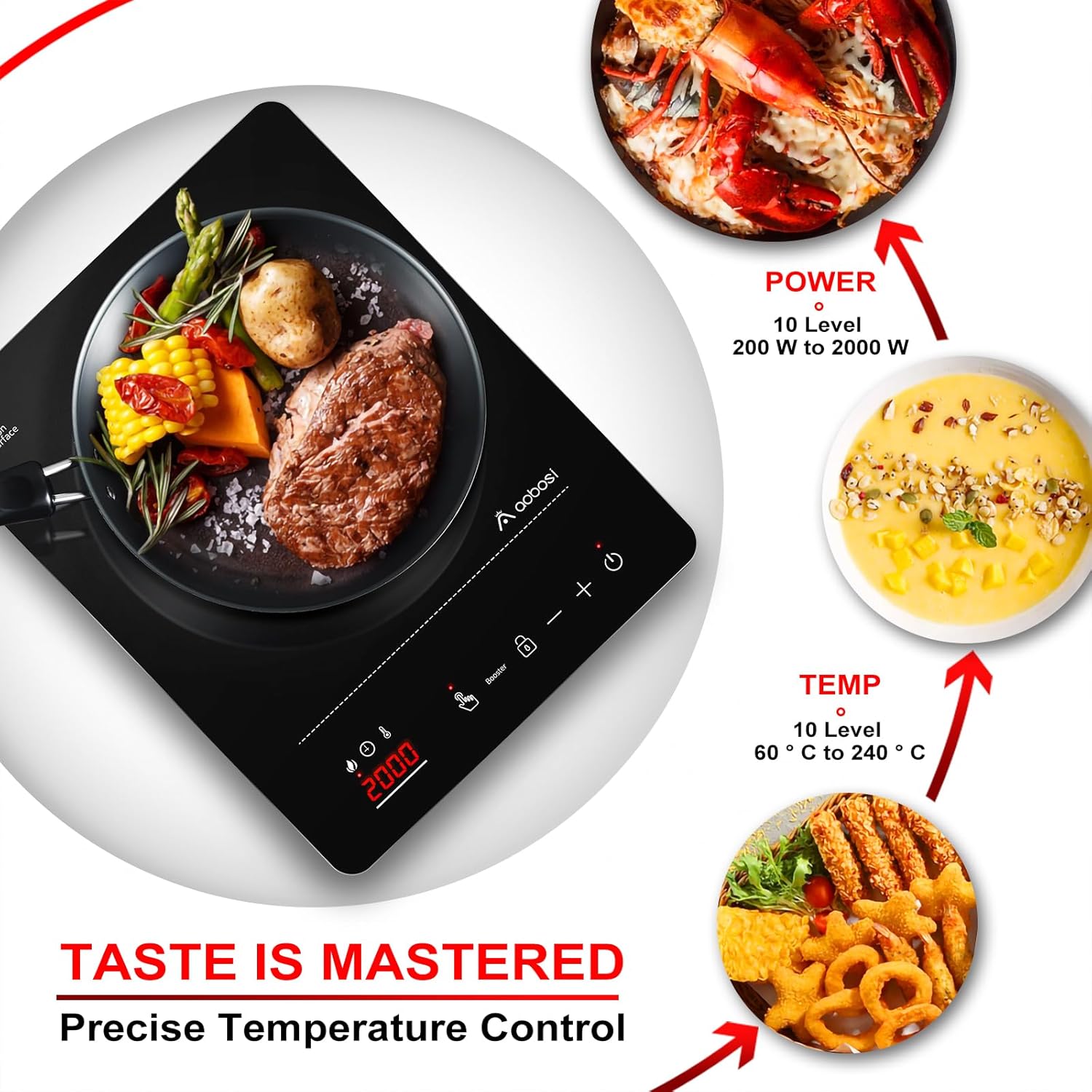 Aobosi Induction Hob,Single Induction Cooker with Portable Ultra-thin Body(32 * 26 * 4.2),20 Power and Temperature levels,Booster Function 2000W,Safety Lock,10H Timer