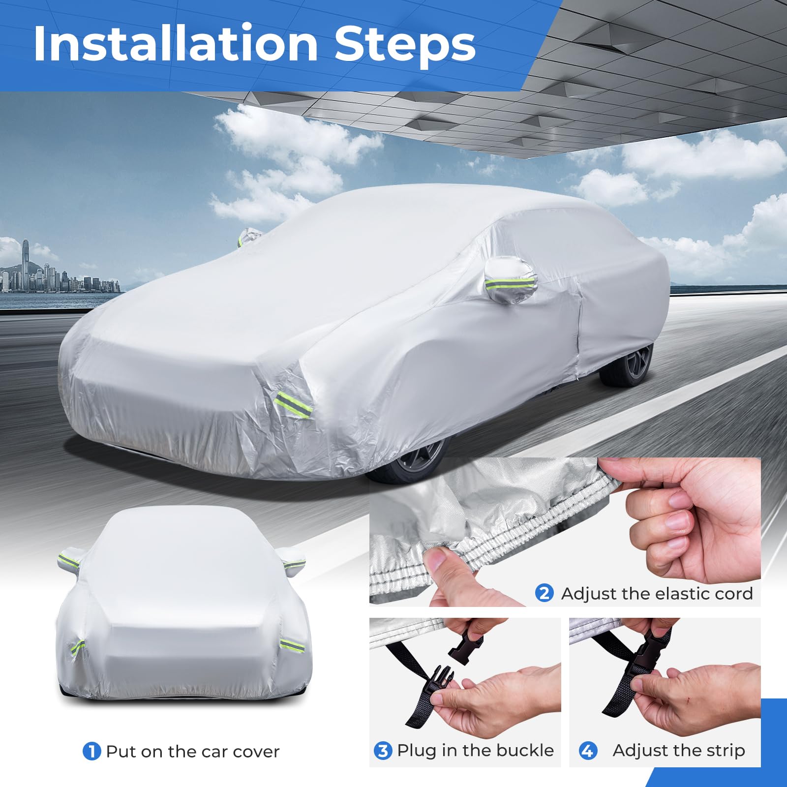 COSTWAY Car Cover Waterproof, Universal Full Car Cover with Zipper Door, Reflective Strips & Storage Bag, All Weather Windproof Snowproof UV Protection (Fit Sedan, Length Up to 190”(482cm))