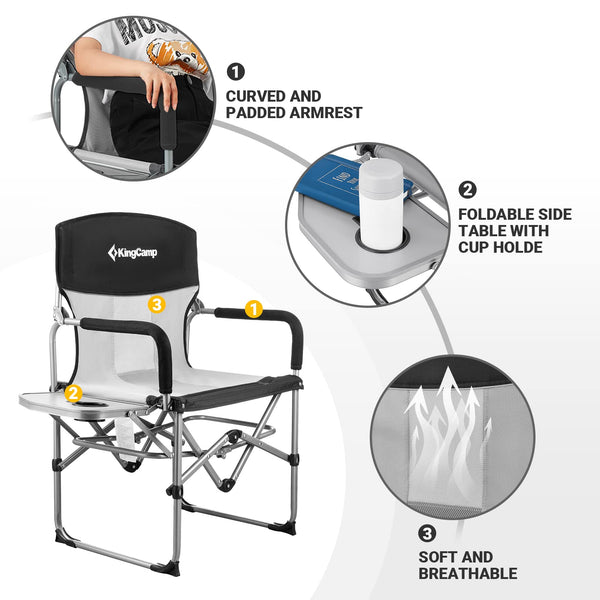KingCamp Folding Camping Chairs for Adluts Heavy Duty Directors Chair with Cooler Bag and Side Table Support up to 150KG