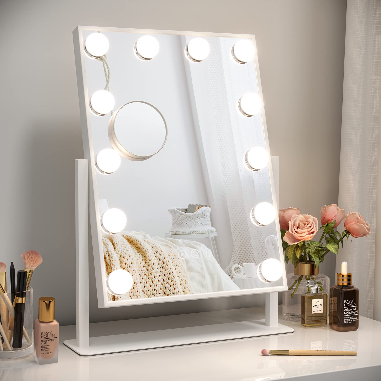 Dripex Hollywood LED Vanity Mirror, 36.5 x 47 cm Lighted Makeup Mirror with 12 Dimmable Bulbs, 360Rotation, 3 Color Lighting Modes, Touch Screen